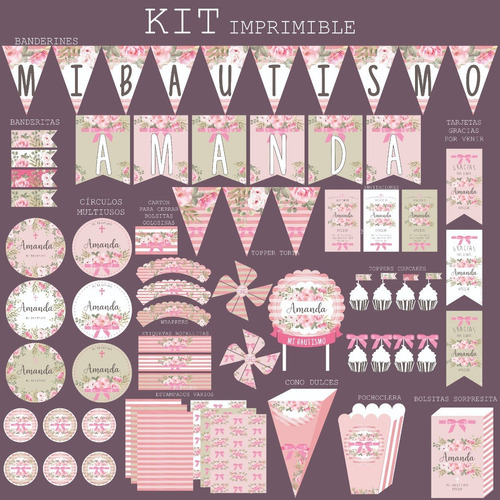 Kit Imprimible Bautismo,flores,babyshower,rosa,cumpleaños