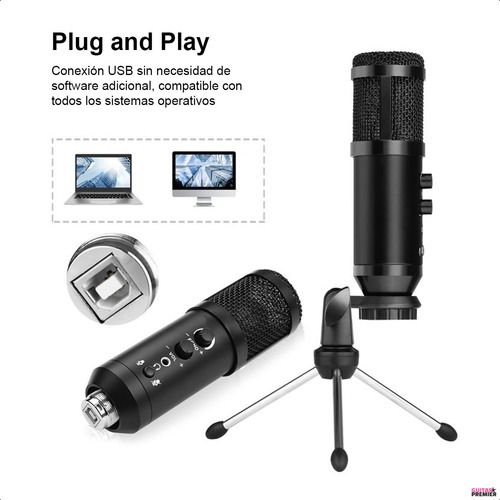 Micrófono Condenser Usb Con Efecto Echo Camara Soporte Cable Color Negro
