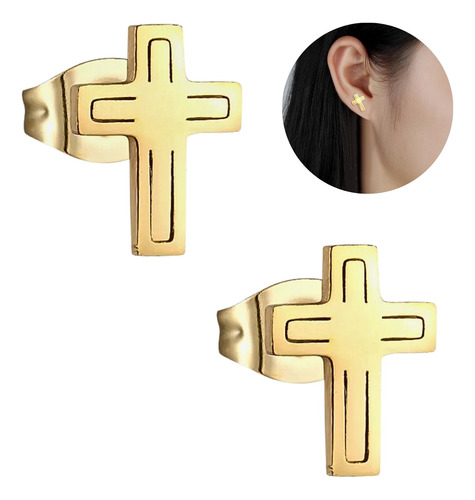 Aretes Piercing Acero Inoxidable Color Oro Cruz Jesús Mujer