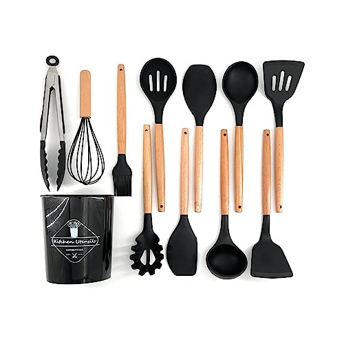 Silicone Cooking Utensils Set Of 12 Wooden Handles Kitc...
