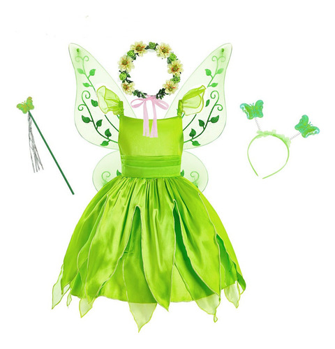 Ropa Cosplay Para Niños Elfos Verdes, Vestido + Alas +