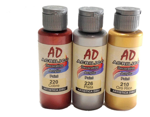 Set 3 Acrilicos Metalizados Oro Plata Cobre Ad 50ml Pintura