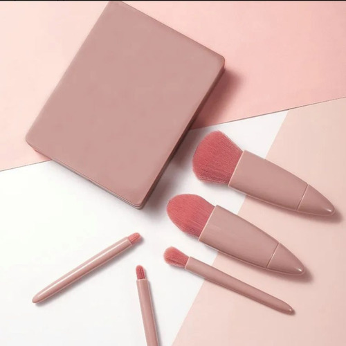Juego Brochas Con Espejo Maquillaje Viaje Fácil Llevar 5 Pza