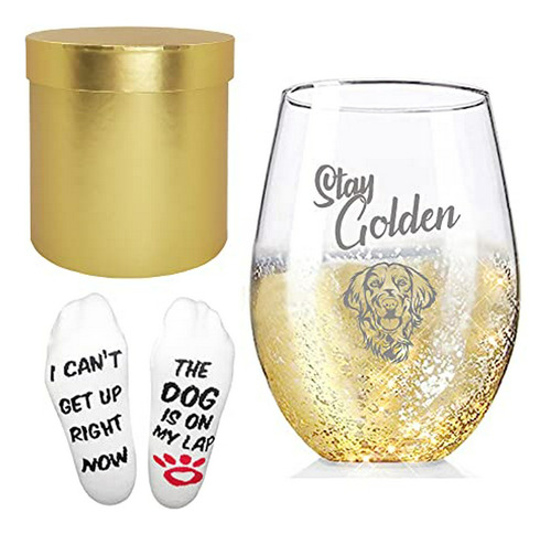 Stay Golden Retriever Dog Copas De Vino Y Calcetines Novedos