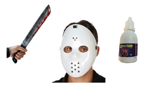 Combo Disfraz Jason Viernes 13 - Careta Pvc Machete Sangre