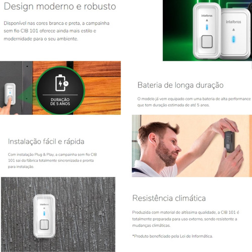 Campainha Sem Fio Com Bateria Cib 101 Preta Intelbras