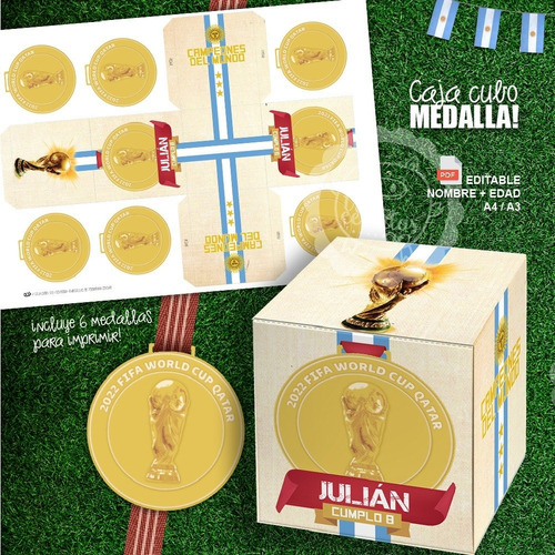 Caja Golosinas Messi Argentina Campeón Medalla Editable