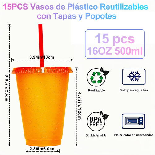 15vasos Mágicos Reutilizables Plástico 16oz C/tapa Y Popote Multicolor