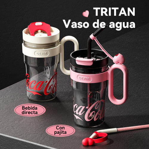 Cocacola Vaso De Plástico Transparente Con Tapa 800ml De Tritan Alimenticio Con Asa Y Popote Para Bebidas Frías Y Calientes Verde