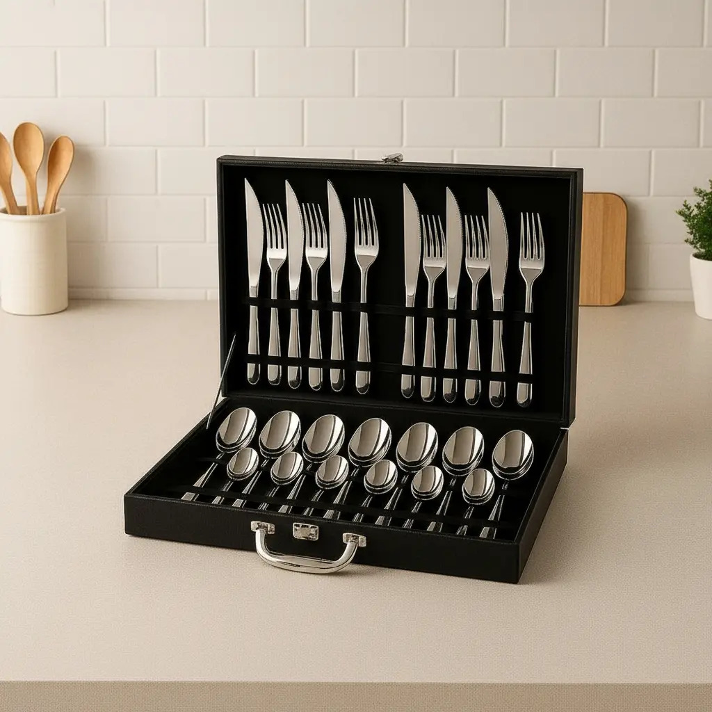 Faqueiro 24 Peças Inox Maleta Preta Jogo Talheres Cortinox