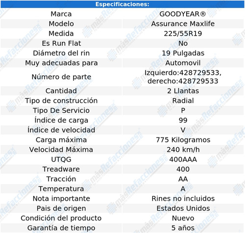 Paquete De 2 Llantas 225/55 R19 99v Goodyear Assurance