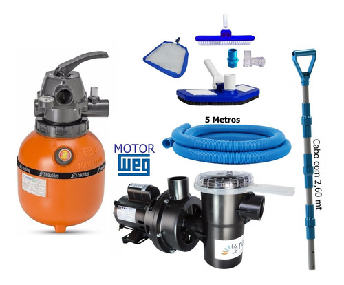 Imagem 1 de 3 de Kit Completo Filtro Moto Bomba Com Kit Limpeza Para Piscinas