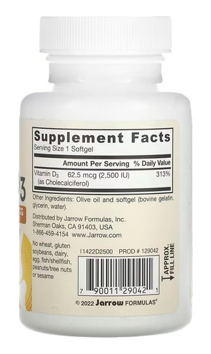 Jarrow Formulas Vitamina D3 62,5 Mcg (2500 Ui) 100 Sgels Sfn