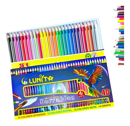 Lápices De Colores Borrables Tonos Intensos Pasteles Neón 40 Colores