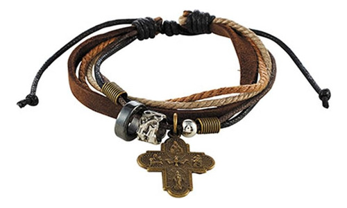 Pulsera De Cuero Con Cruz De Cuatro Vías Con Dije De Crucifi