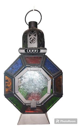 Farol Fanal Chapa Negra Vidrios Colore X 32cm Alto Hexagonal