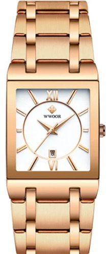 Reloj Social Wwoor Black Gold Fillet 8858 para hombre. Bisel T Correia Rose, fondo blanco rosado