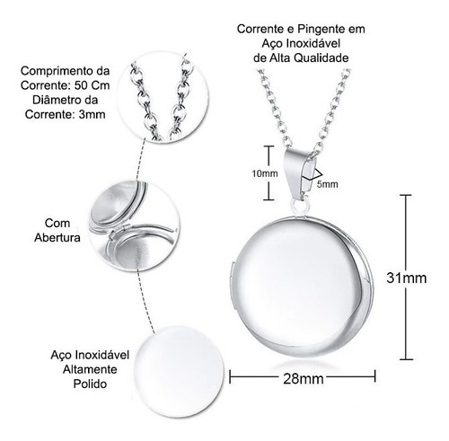 Imagem 5 de 5 de Colar Feminino Com Pingente Relicário Redondo