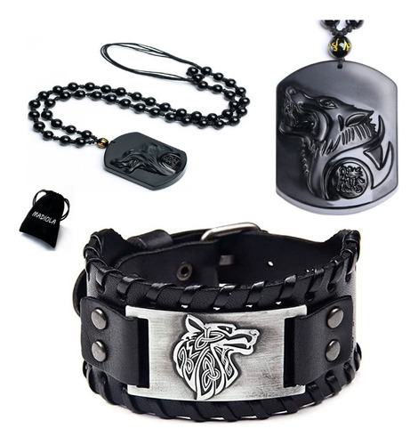 Set Pulsera De Cuero Lobo Vikingo + Collar De Obsidiana Diámetro 64 Cm