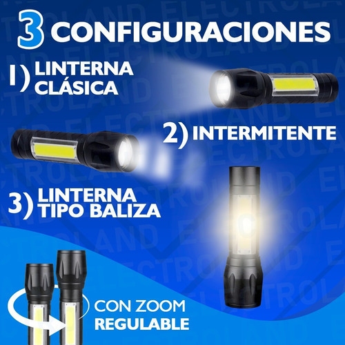 Imagen 3 de 10 de Mini Linterna Portátil Táctica Led Recargable Usb Zoom