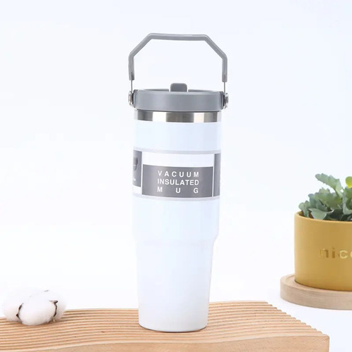 Termo De Acero Inoxidable Doble Capa De 30 Oz Con Agarradera Blanco