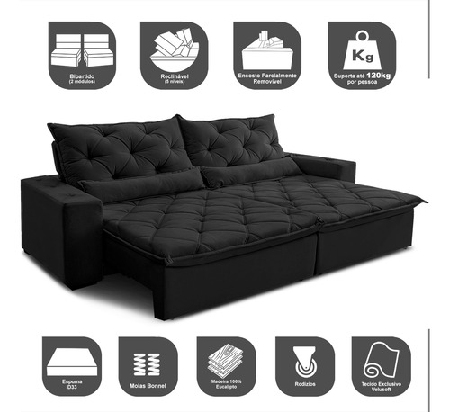 Sofá Lisboa 2,12m Retrátil, Reclinável com Molas no Assento Tecido Suede Velusoft Preto - Cama InBox