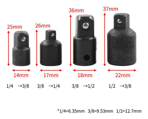 8 Peças Adaptador Soquete Redução 1/4 3/8 1/2 Cr-v
