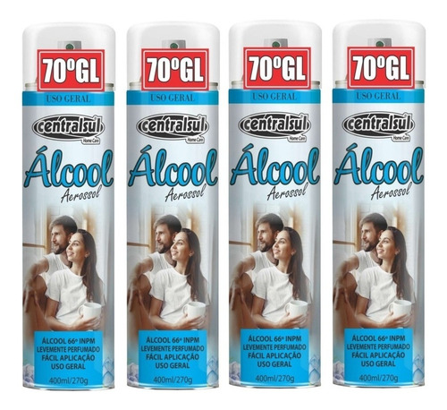 4 Alcool 70% Para Limpeza Geral Em Spray Aerossol 400ml