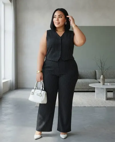 Conjunto Colete Calça Alfaiataria  Risca De Giz Plus Size