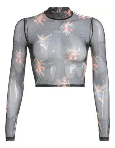 Camiseta De Malla Transparente Para Mujer, Diseño De Ángel