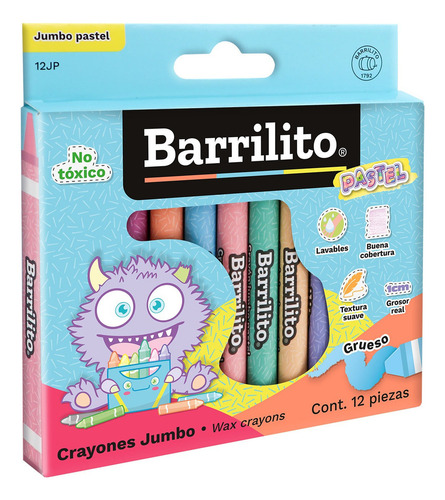 Caja De Crayones Jumbo Barrilito Colores Pastel -12 Piezas Color Multicolor