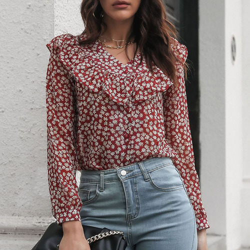 Camisa Holgada De Manga Larga Con Cuello En V Y Estampado Fl