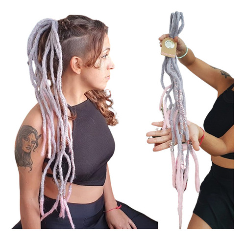 Set 5 Extensiones De Rastas Dreadlock 120cm Gris Punta Rosa