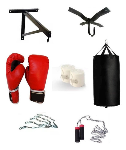 Costal boxeo guantes vendas cadena soporte cuerda box kit color negro