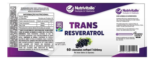 Trans Resveratrol 600mg 98% Pure Nutrivitale 60 Capsulas