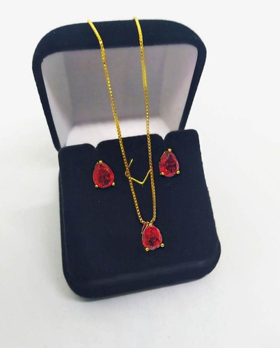 Imagem 4 de 6 de Conjunto Colar E Brincos Gota Banhado Fusion Luxo + Brinde