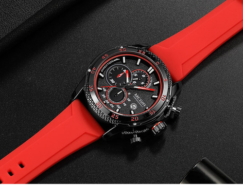Reloj deportivo Megir 2211 Quartz Chronograph para hombre, correa de color rojo