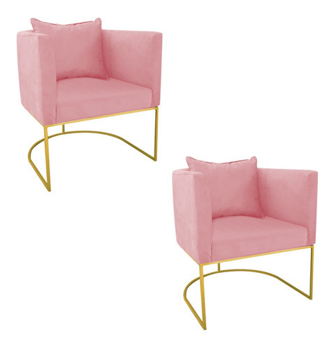 Kit 02 Poltronas Paola Suede Base Metálica Dourado - D'rossi Cor Rose