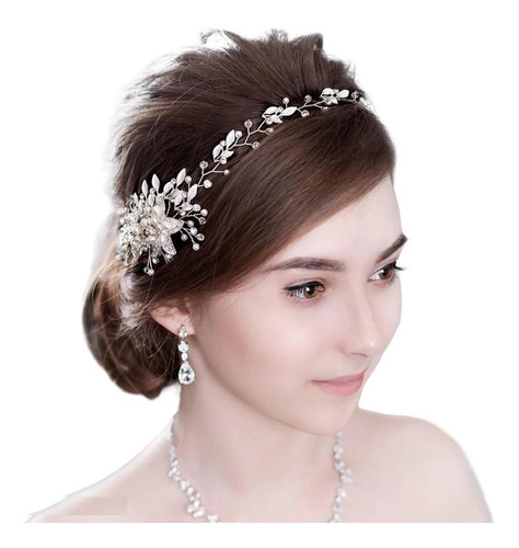 Tiara Tocado Novia Corona Perlas Flores Xv Boda Nupcial