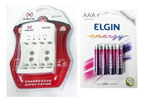 Pilha Recarregavel Aa 2500mah C/4 Elgin + Carregador Mox