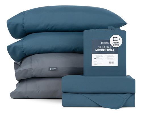 Juego De Sábanas Microfibra Fundas Almohada Azul Marino Gris