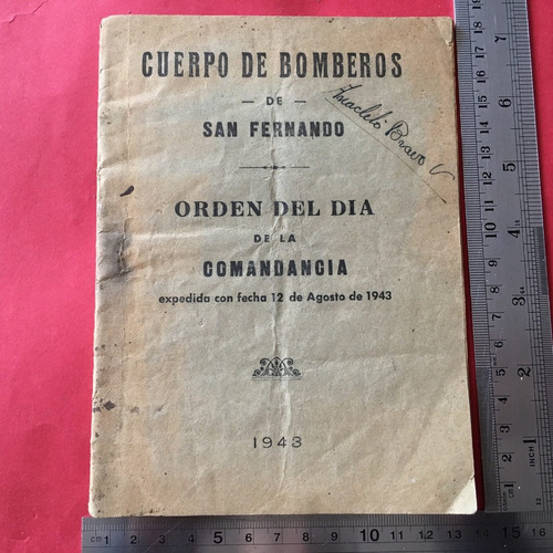 Librillo Cuerpo De Bomberos San Fernando 1943 Orden Del Día