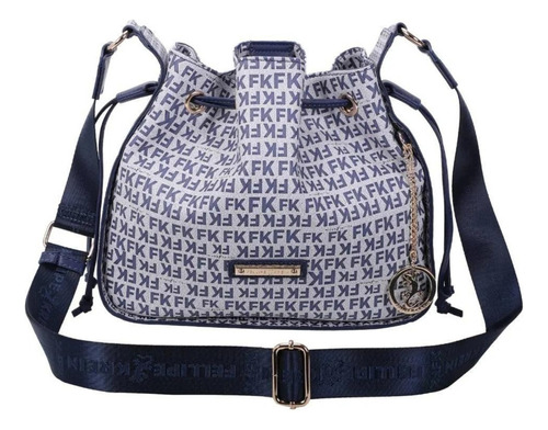 Bolsa Sacola Fellipe Krein Feminina Ombro Bowling Bag Acambamento Dos Ferragens Ouro Light Cor Azul - Fk625 Desenho Do Tecido Monograma
