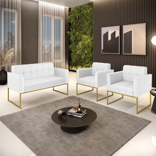 Kit Sofá E 2 Poltronas Elisa Corino Base Industrial Dourado Cor Branco