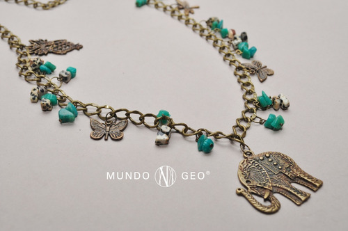 Imagen 2 de 2 de Collar Con Jaspe Dálmata, Amanzonita Y Dijes De Bronce