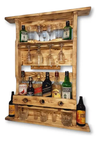 Bar Botellero En Madera Natural Quemado A Fuego