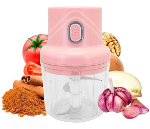 Mini Processador Alimentos Moedor Elétrico Alho S/fio 250ml Cor Rosa