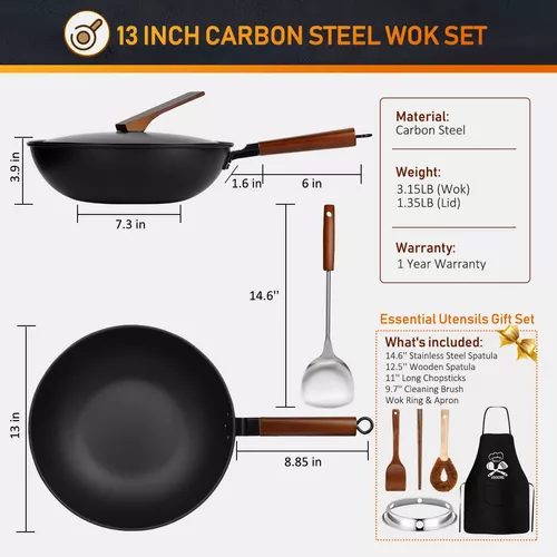 Wok de acero al carbono, sartén para wok de 13 pulgadas con tapa, woks  antiadherentes y sartenes para freír, wok chino sin revestimiento químico  con 4