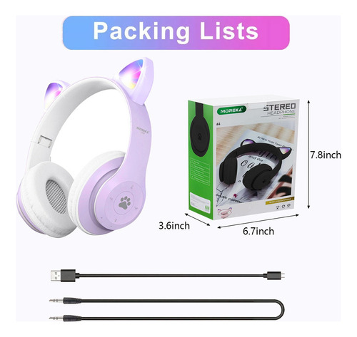Audifonos Orejas De Gato Bluetooth 5.1 Led Diadema Ninos Color Violeta