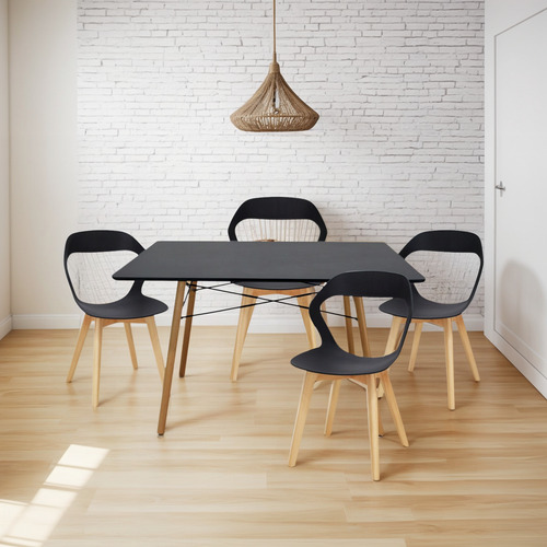 Comedor Mesa Rectangular Oslo Negro + 4 Sillas Moura Negro
